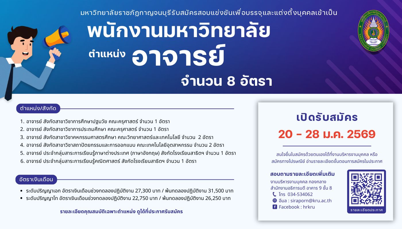 ประกาศรับสมัครพนักงานมหาวิทยาลัยสายการสอน ครั้งที่ 1/2569